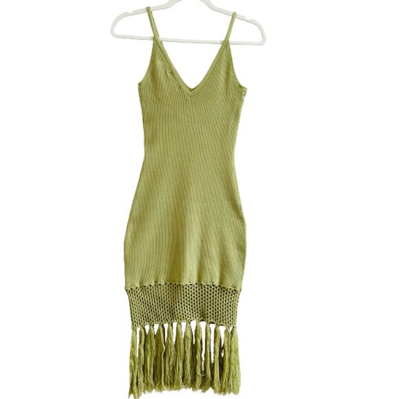 Lulus Sunny Festival Ribbed Knit Light Green Fringe Boho Midi Dress Size Small - Picture 6 of 11